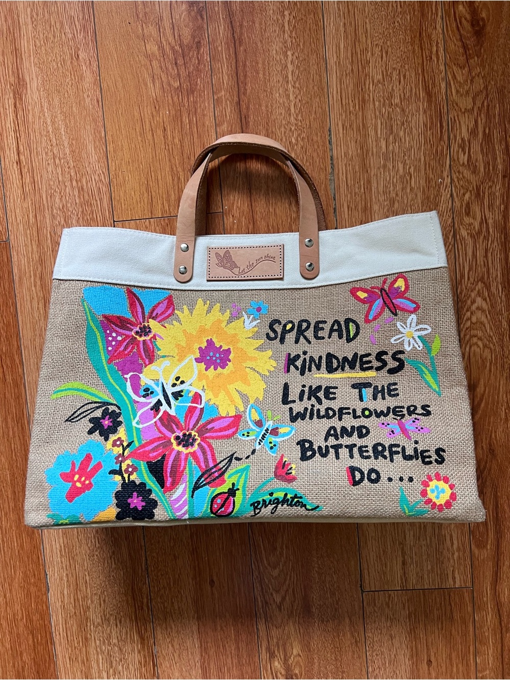 Brighton 'Spread Kindness' Floral Canvas Tote in Natural jute